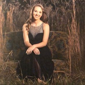 Navy Chachet gown with beaded overlay